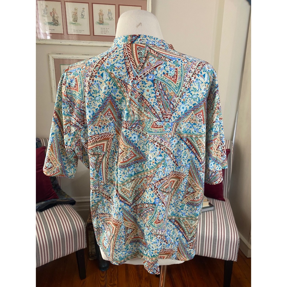Vtg 60's Paisley Geometric Print Blouse Short Sleeve XL Boho Top Multicolor - Picture 4 of 5